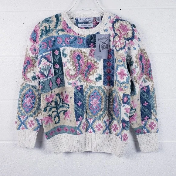 Signatures by Northern Isles Sweater Multicolor Patchwork Hand Knit Floral XL - Picture 1 of 8